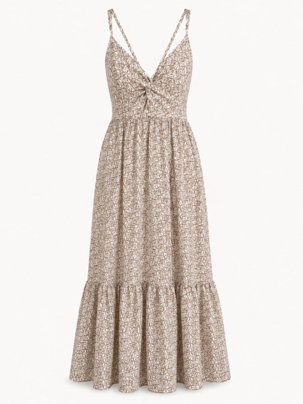 Neutral Beige Floral Maxi Sundress with V-Neck